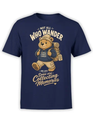 Backpacking bear wearing a knit cap and carrying a pack on a navy shirt with a memory-collecting message