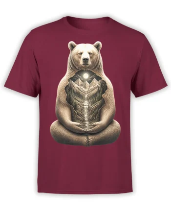 MedItating bear graphic with moonlit mountains, pine forest, and waterfall landscape on a burgundy T-shirt