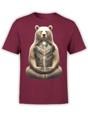 MedItating bear graphic with moonlit mountains, pine forest, and waterfall landscape on a burgundy T-shirt