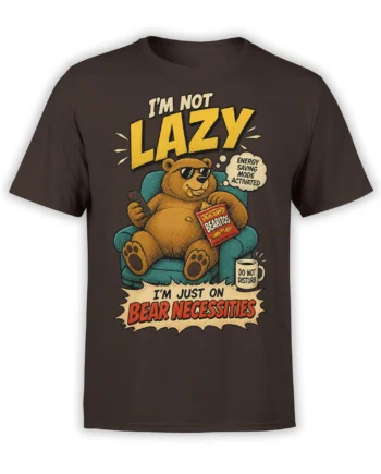 Lounging bear in sunglasses holding a remote and snacks on a brown bear graphic T-shirt
