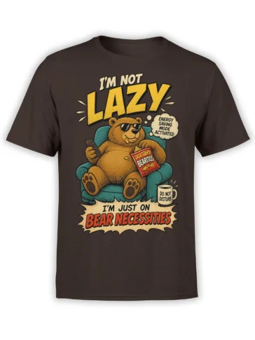 Lounging bear in sunglasses holding a remote and snacks on a brown bear graphic T-shirt