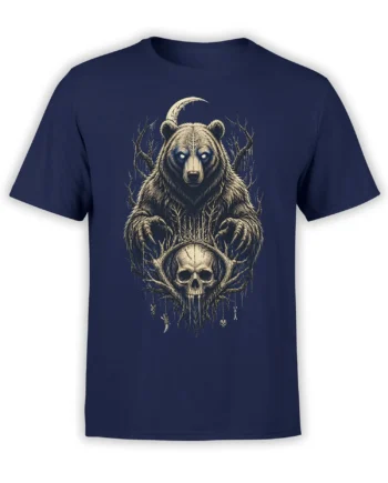 Dark bear, crescent moon, antlers, and skull artwork printed on a navy T-shirt