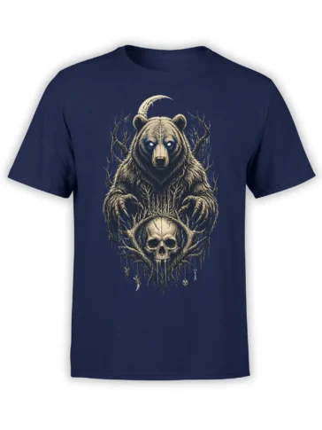 Dark bear, crescent moon, antlers, and skull artwork printed on a navy T-shirt