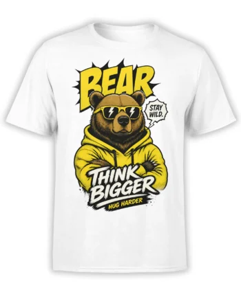 White T-shirt featuring a comic-style bear in sunglasses and a yellow hoodie with bold “Think Bigger” lettering
