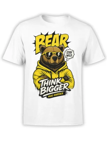 White T-shirt featuring a comic-style bear in sunglasses and a yellow hoodie with bold “Think Bigger” lettering