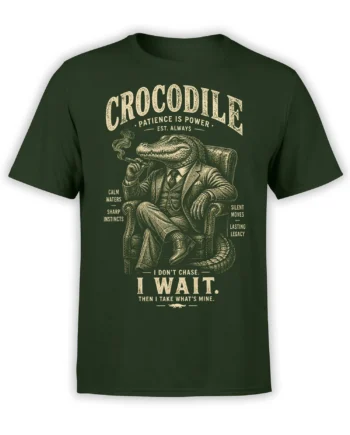 Vintage crocodile boss graphic in a suit and armchair with a pipe on a dark green shirt