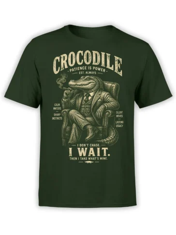 Vintage crocodile boss graphic in a suit and armchair with a pipe on a dark green shirt