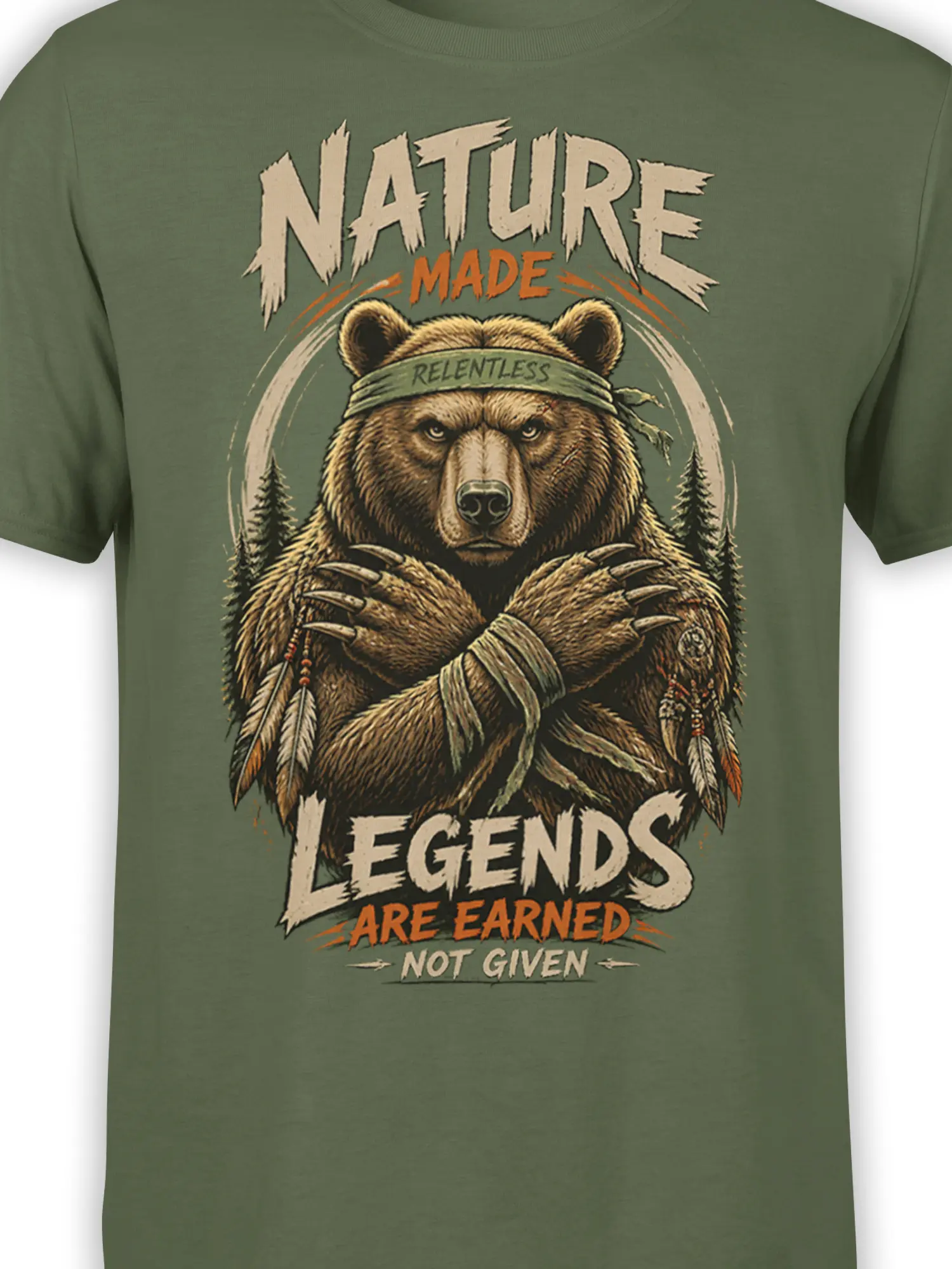 Close-up of the brown bear graphic, relentless headband, feathers, and bold lettering on an olive green shirt