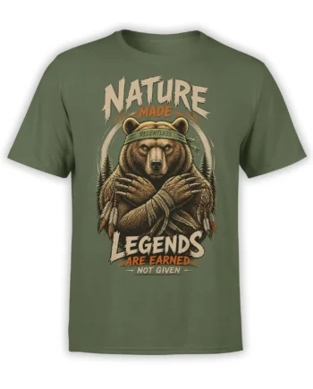 Relentless brown bear graphic tee on an olive green shirt with forest details and earned-not-given lettering