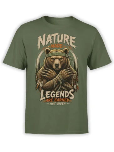 Relentless brown bear graphic tee on an olive green shirt with forest details and earned-not-given lettering