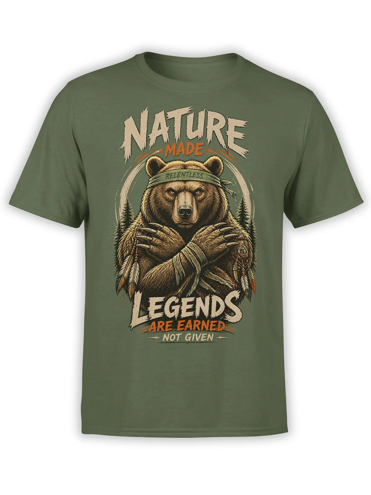 Relentless brown bear graphic tee on an olive green shirt with forest details and earned-not-given lettering