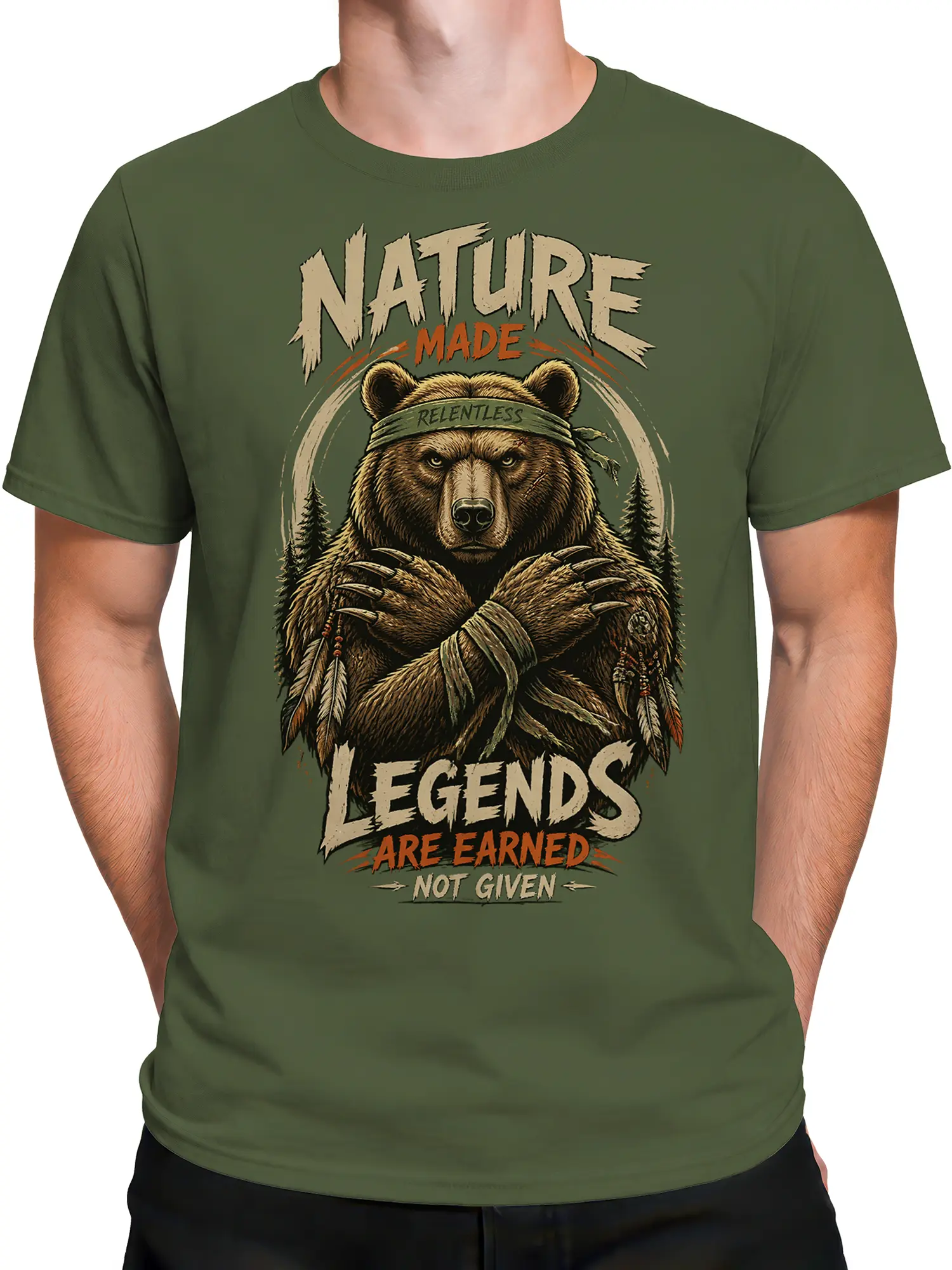 Male torso wearing an olive green bear graphic tee with crossed arms and rugged outdoor artwork