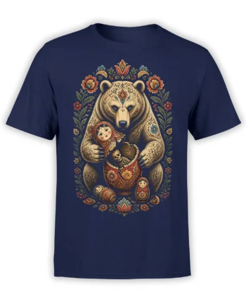 Folk-art bear holding a nesting doll on a navy T-shirt with floral details and a tiny skeleton