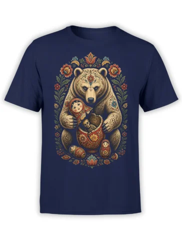 Folk-art bear holding a nesting doll on a navy T-shirt with floral details and a tiny skeleton