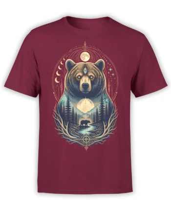 Majestic bear graphic with moon phases, mountains, and forest scenery on a burgundy T-shirt