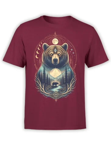 Majestic bear graphic with moon phases, mountains, and forest scenery on a burgundy T-shirt