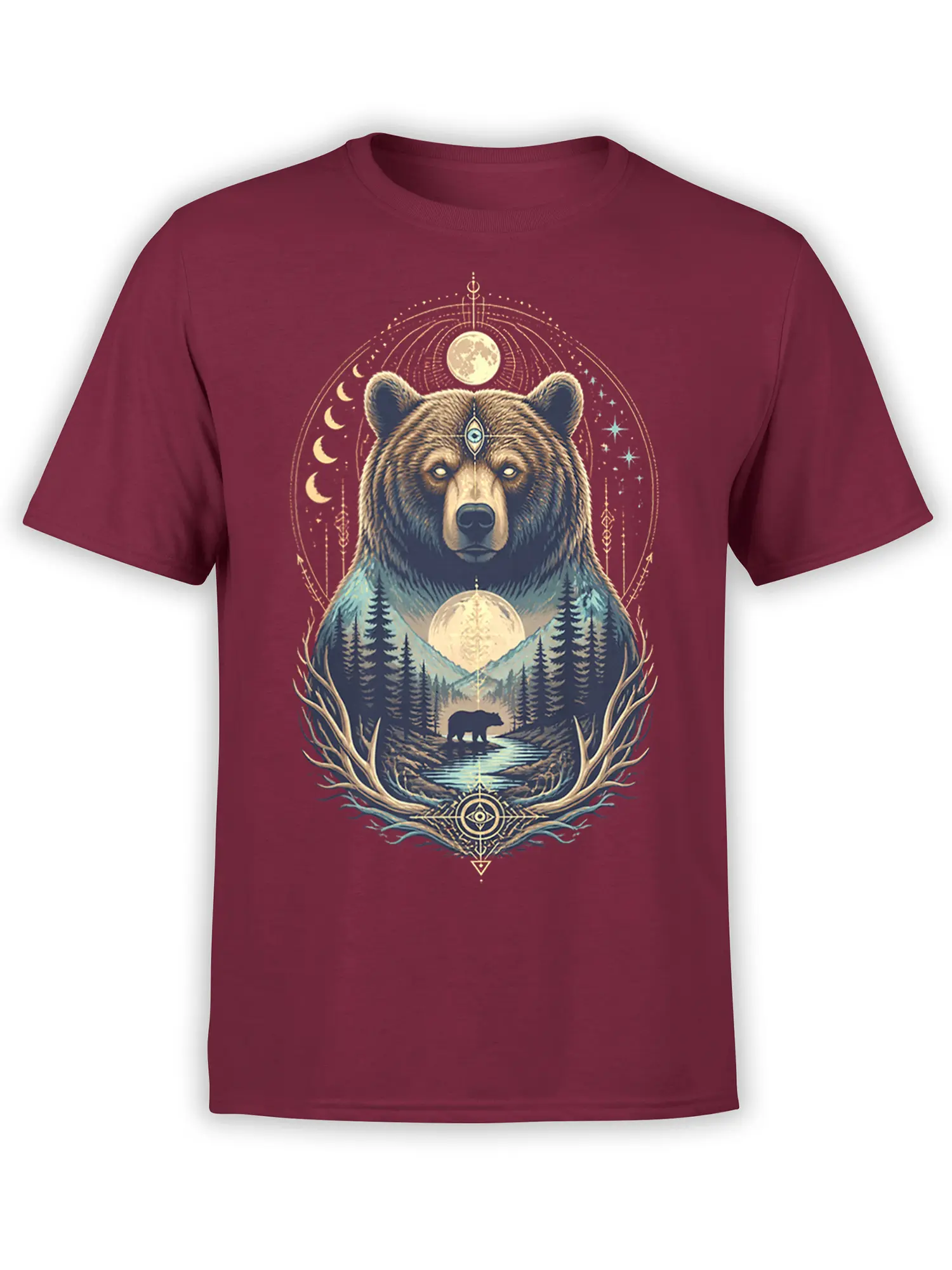 Majestic bear graphic with moon phases, mountains, and forest scenery on a burgundy T-shirt