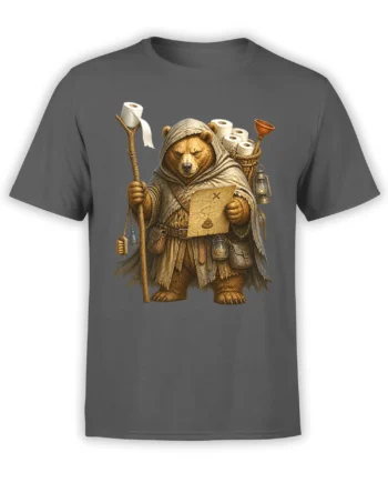 Hooded fantasy bear traveler holding a map with toilet paper rolls and a plunger on a gray shirt