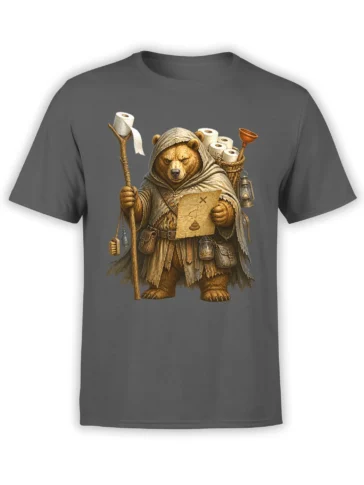 Hooded fantasy bear traveler holding a map with toilet paper rolls and a plunger on a gray shirt