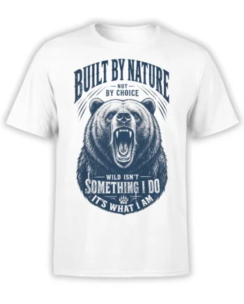 White T-shirt with a roaring bear graphic, vintage navy lettering, and a wild nature message
