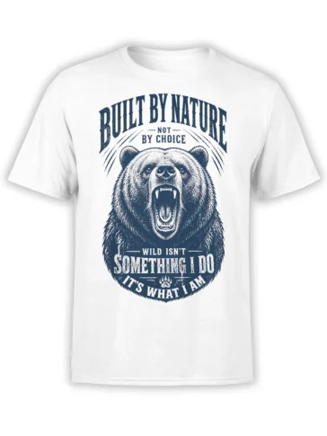 White T-shirt with a roaring bear graphic, vintage navy lettering, and a wild nature message