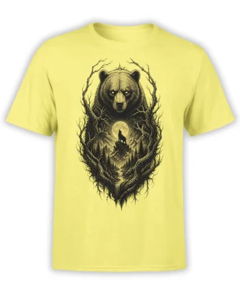 Yellow bear t-shirt with a moonlit mountain forest, wolf silhouette, and detailed wilderness artwork