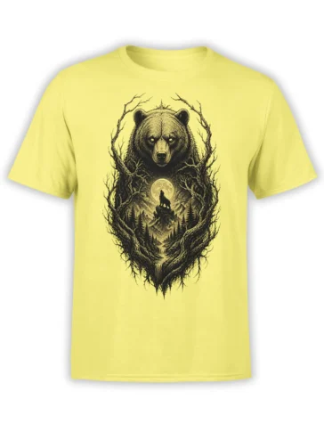 Yellow bear t-shirt with a moonlit mountain forest, wolf silhouette, and detailed wilderness artwork
