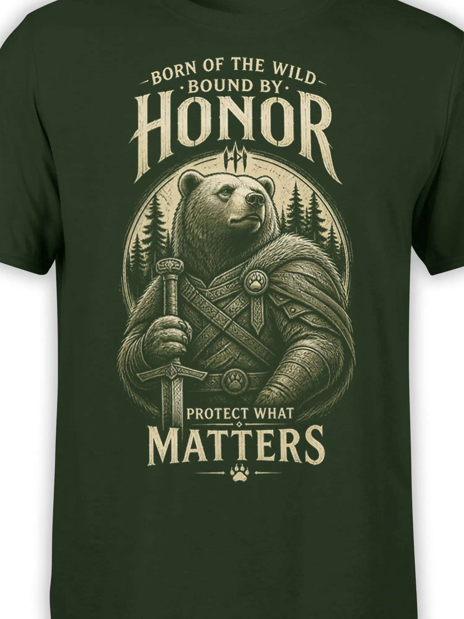 Close-up of bear warrior artwork, sword, forest, and honor message on a dark green T-shirt