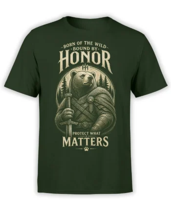 Bear warrior holding a sword on a dark green T-shirt with the words Born of the Wild