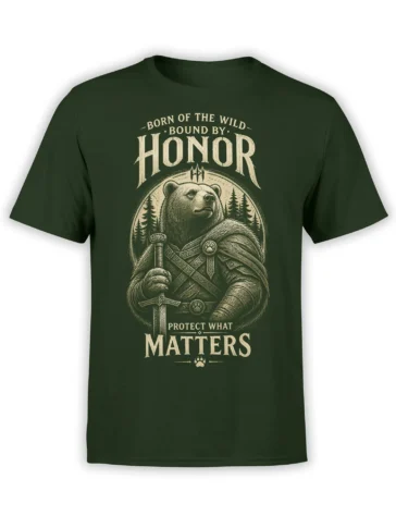 Bear warrior holding a sword on a dark green T-shirt with the words Born of the Wild