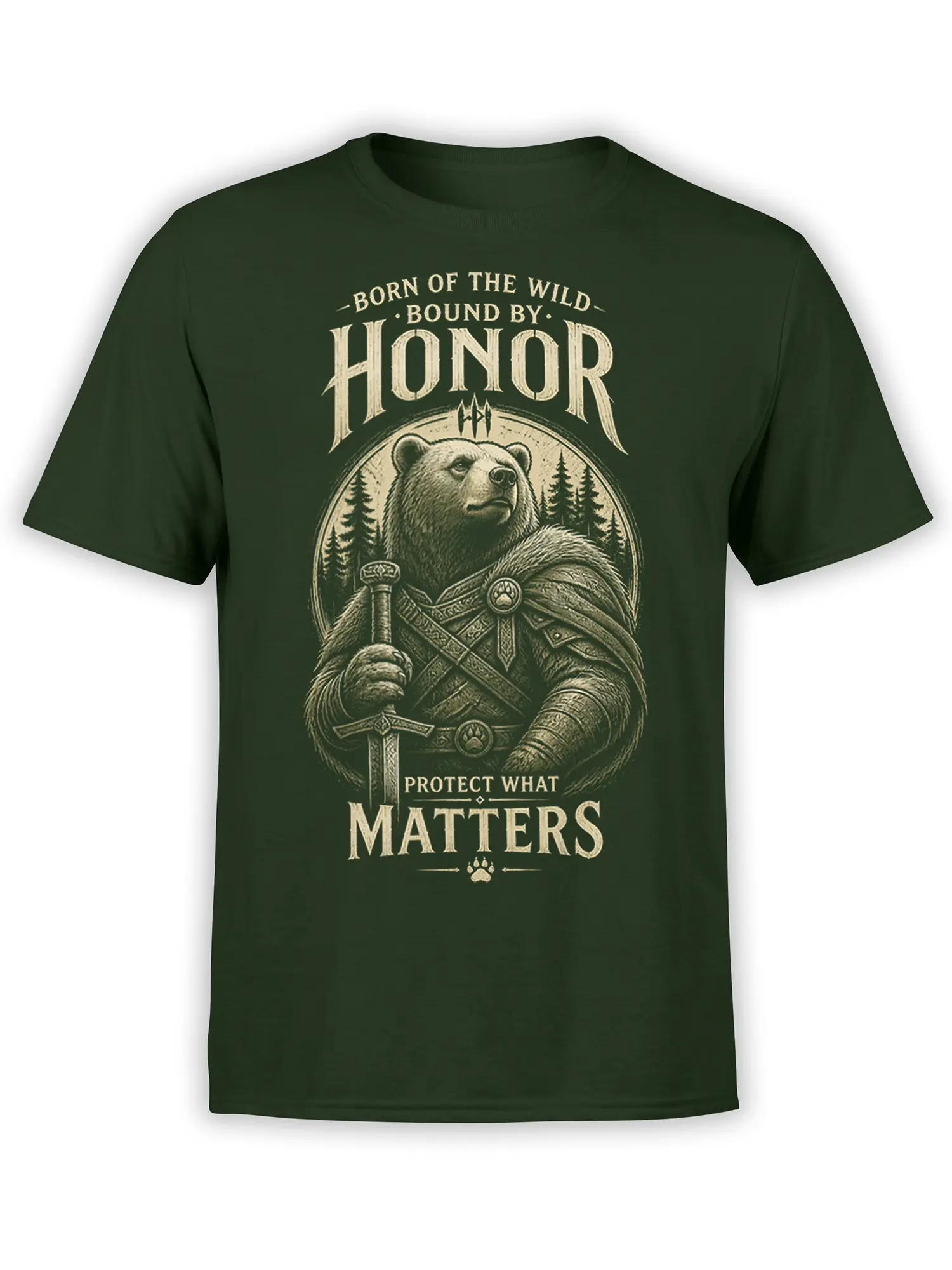 Bear warrior holding a sword on a dark green T-shirt with the words Born of the Wild