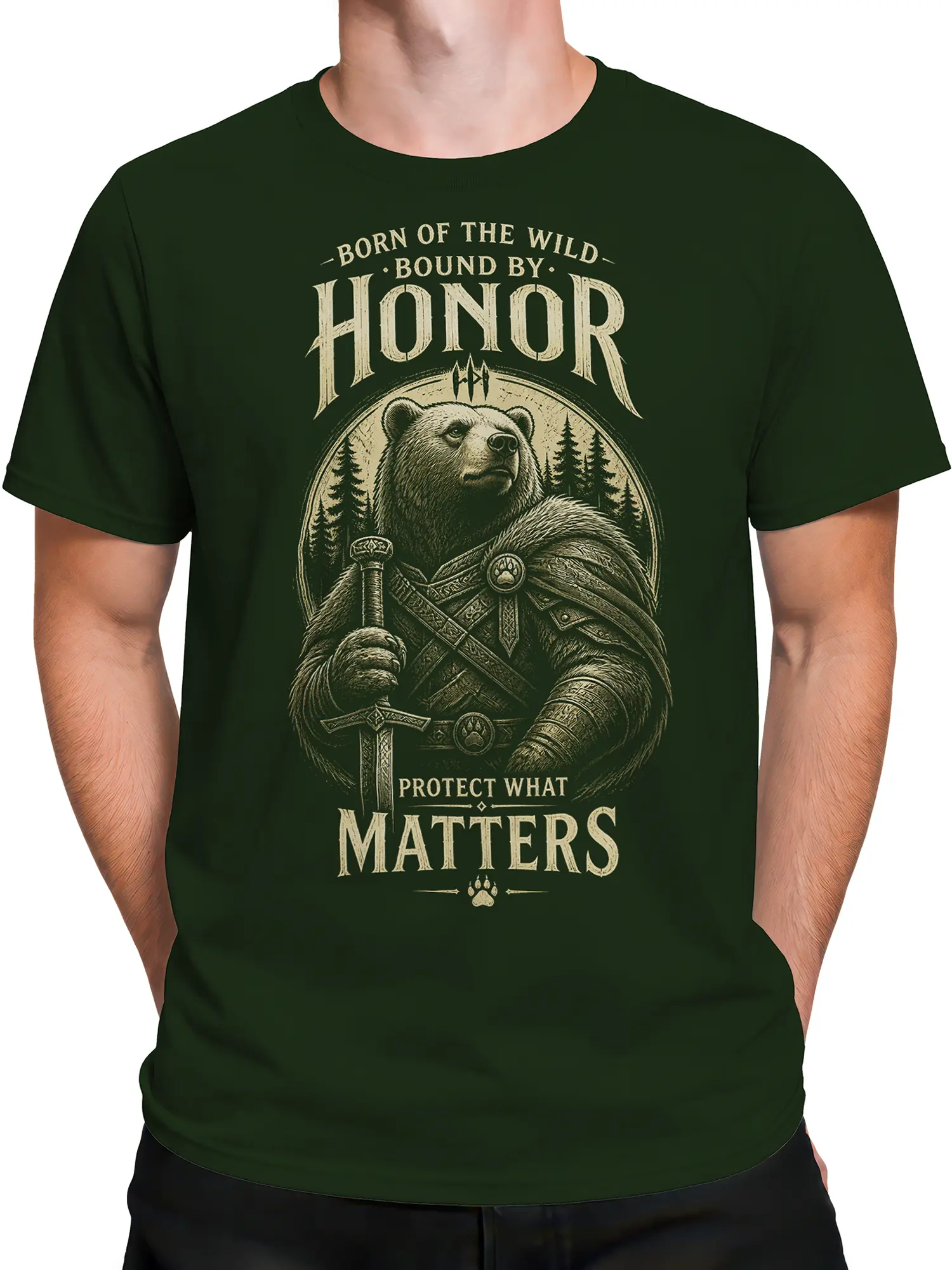 Male torso wearing a dark green T-shirt with bear warrior, sword, and forest artwork