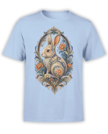 Ornate rabbit surrounded by flowers and scrolling botanical details on a light blue T-shirt