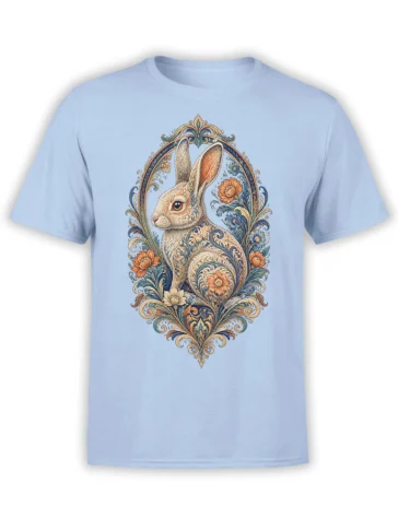 Ornate rabbit surrounded by flowers and scrolling botanical details on a light blue T-shirt