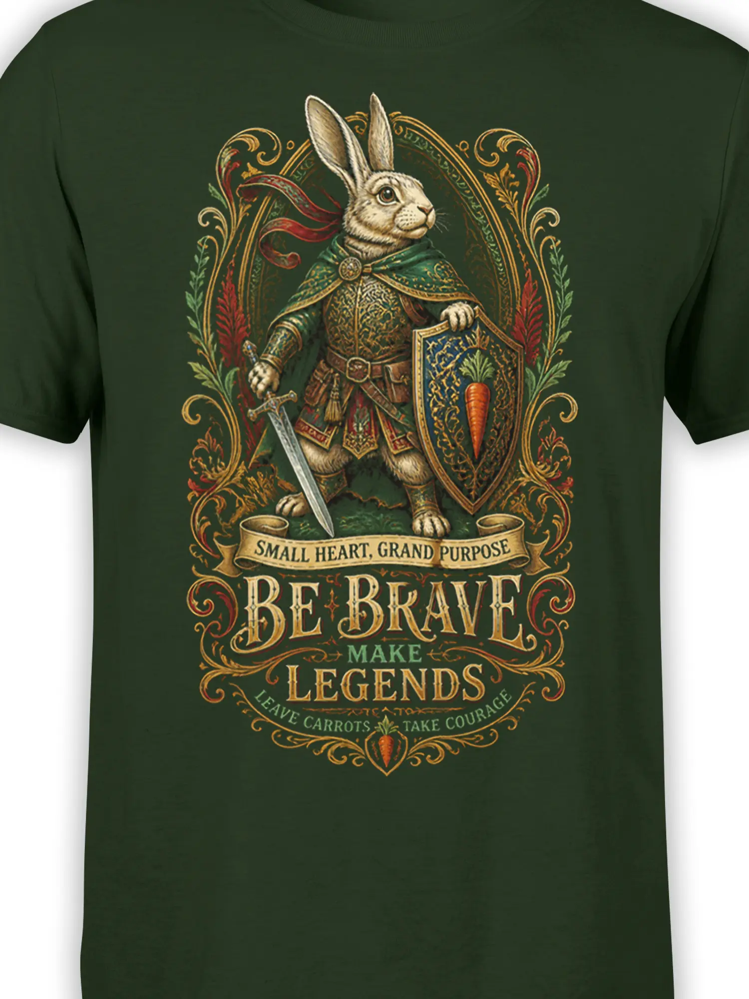Close-up of rabbit knight armor, sword, carrot shield, and vintage courage lettering on dark green fabric
