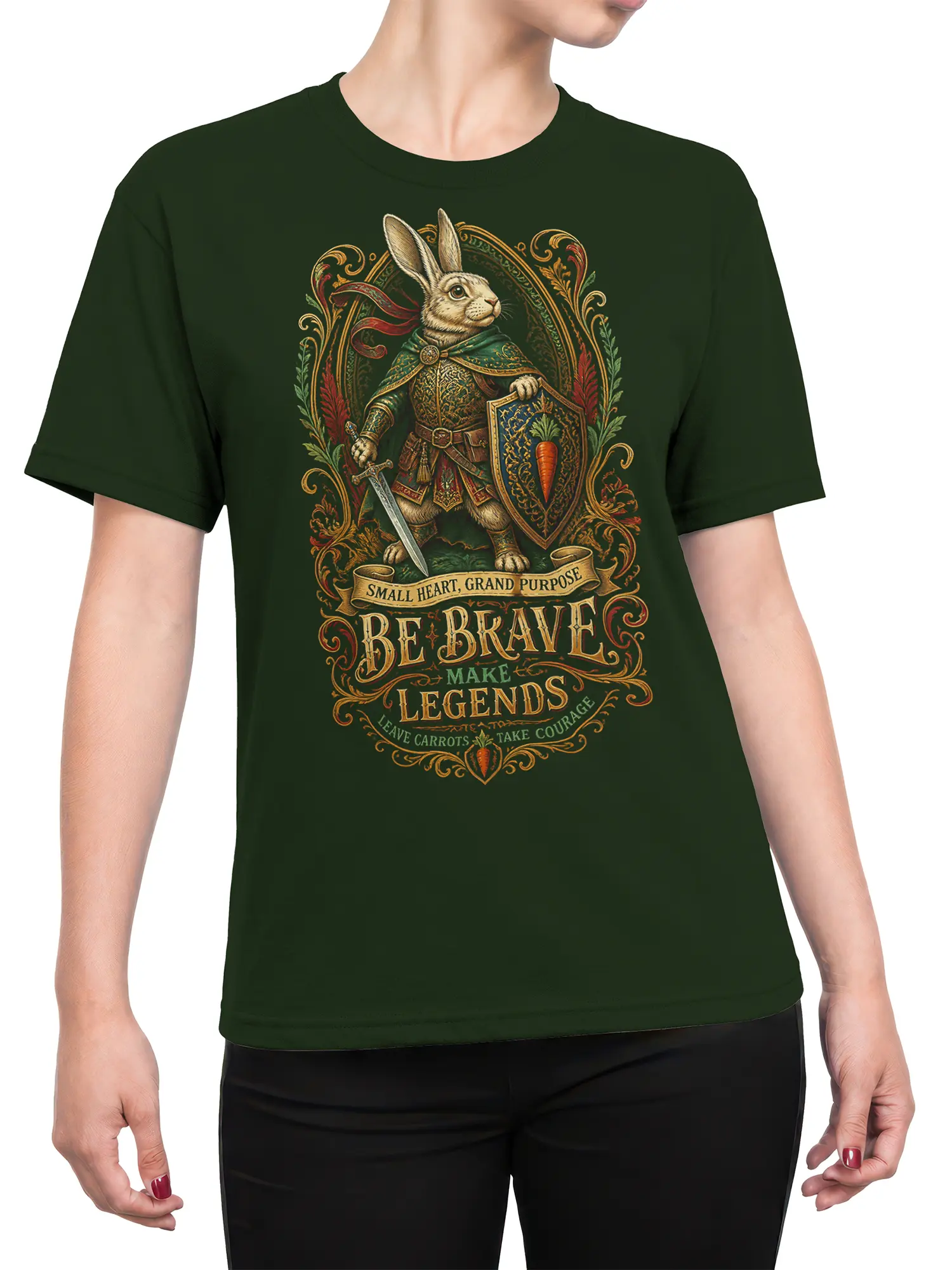 Female torso wearing a dark green T-shirt with a brave rabbit knight, sword, carrot shield, and vintage fantasy lettering