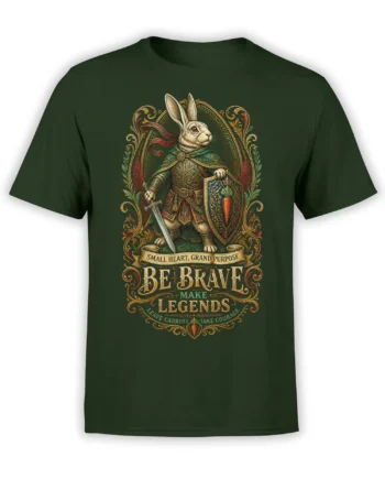 Brave rabbit knight with sword and carrot shield on a dark green fantasy graphic T-shirt