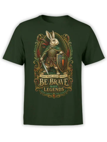 Brave rabbit knight with sword and carrot shield on a dark green fantasy graphic T-shirt
