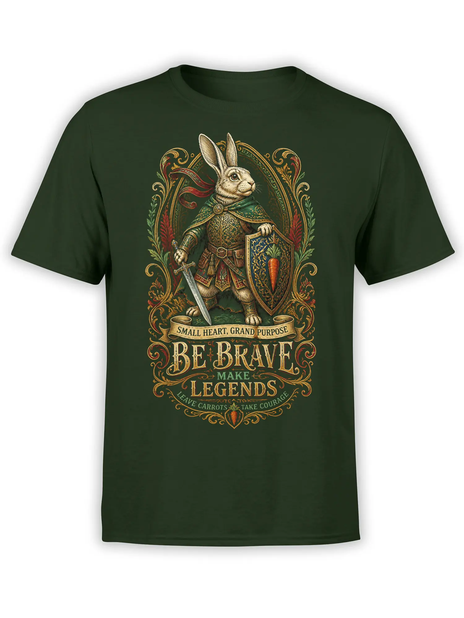 Brave rabbit knight with sword and carrot shield on a dark green fantasy graphic T-shirt