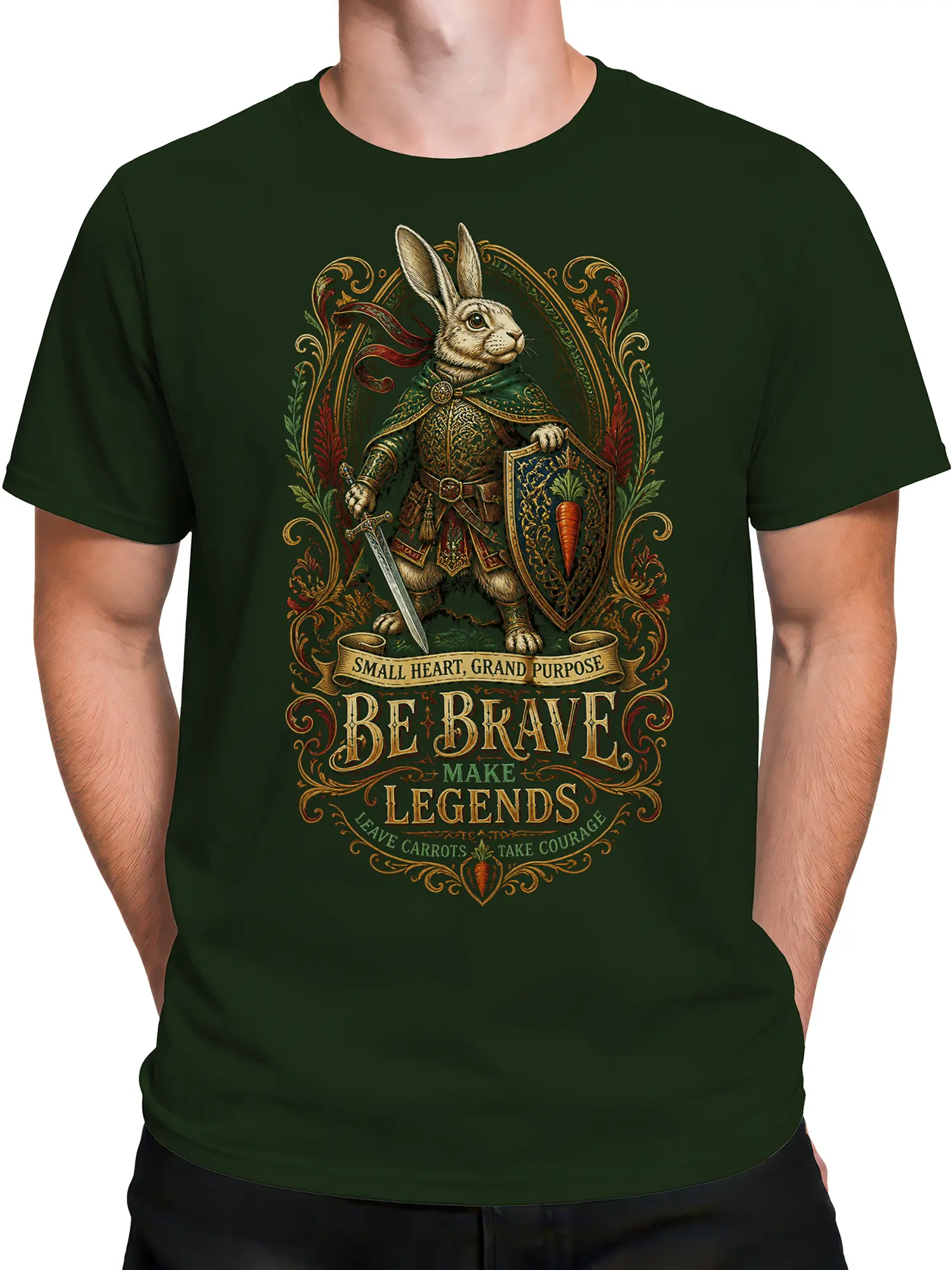 Male torso wearing a dark green rabbit knight T-shirt with sword, carrot shield, and medieval lettering