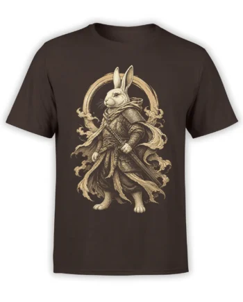 Rabbit warrior T-shirt in brown with sword, armor, flowing cloak, and vintage fantasy artwork