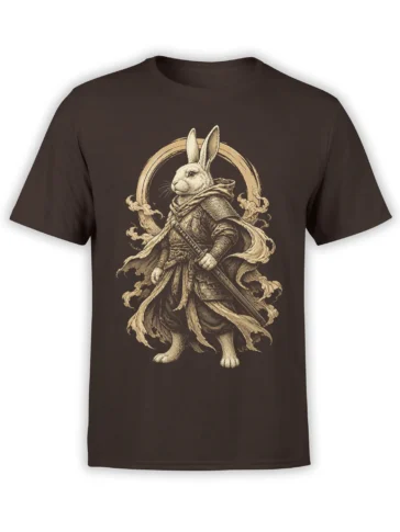 Rabbit warrior T-shirt in brown with sword, armor, flowing cloak, and vintage fantasy artwork