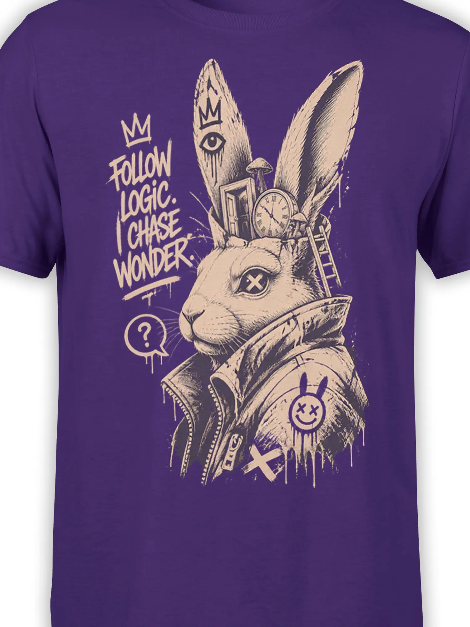 Close-up of the cream surreal rabbit artwork, clock, mushroom, symbols, and message on the purple T-shirt