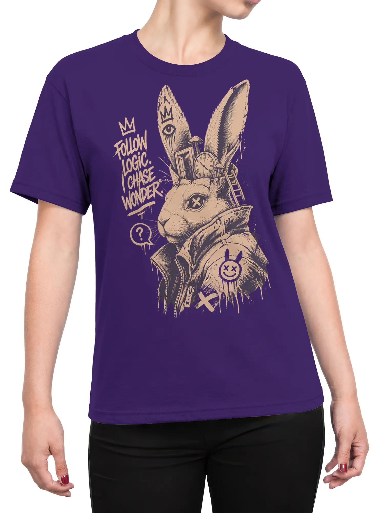 Female torso wearing a purple rabbit T-shirt with surreal clocks, symbols, and “Follow Logic. Chase Wonder.” artwork