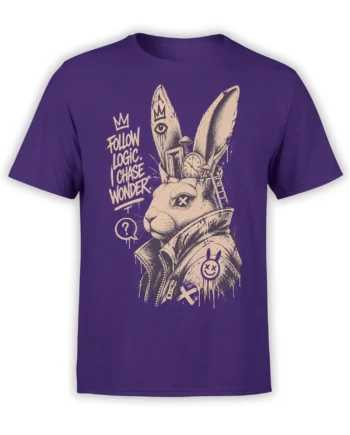 Surreal crowned rabbit T-shirt in purple with clocks, symbols, a mushroom, and “Follow Logic. Chase Wonder.” text