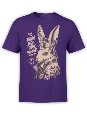 Surreal crowned rabbit T-shirt in purple with clocks, symbols, a mushroom, and “Follow Logic. Chase Wonder.” text