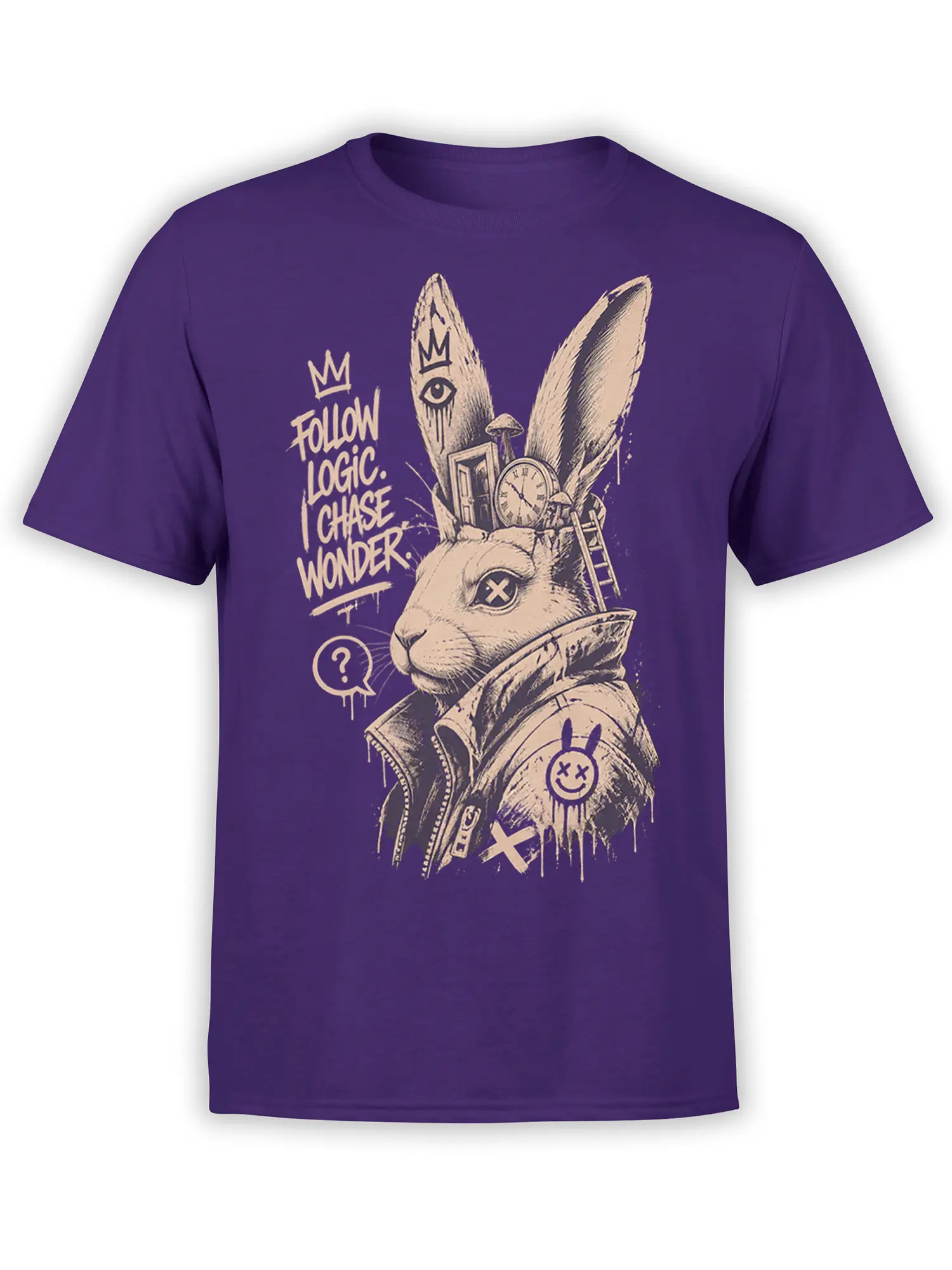 Surreal crowned rabbit T-shirt in purple with clocks, symbols, a mushroom, and “Follow Logic. Chase Wonder.” text