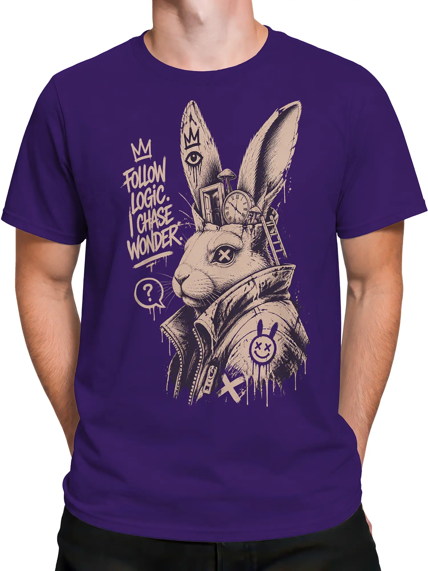 Male torso wearing a purple surreal rabbit T-shirt with clocks, symbols, and a cream graphic print