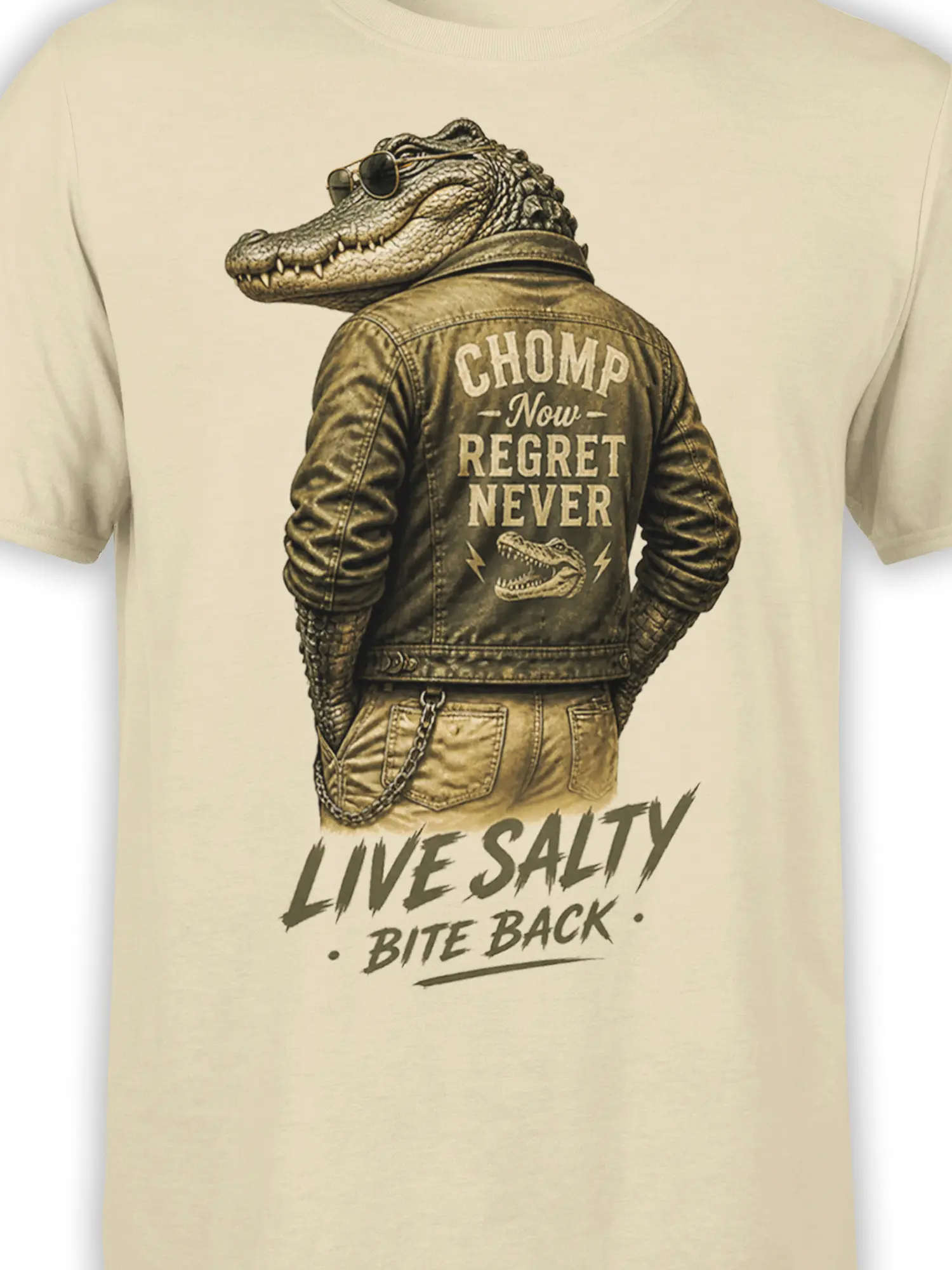 Close-up of the sunglasses-wearing alligator biker artwork and bold lettering on a beige T-shirt