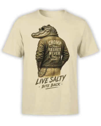 Vintage alligator biker graphic with sunglasses and bite-back lettering on a beige T-shirt